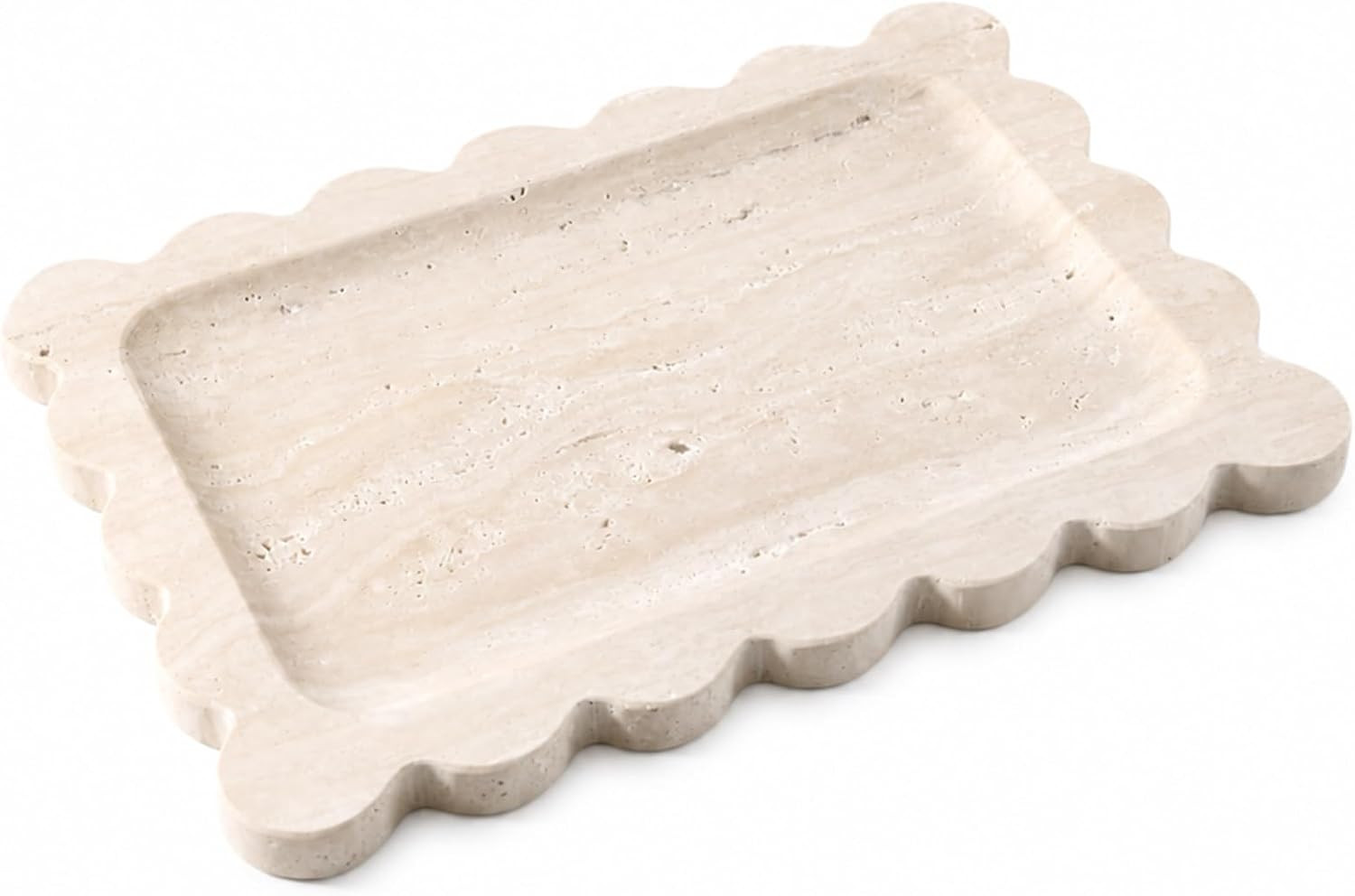 Romano Travertine Vanity Tray, 11"x8" Natural Stone Organizer Tray for Countertop Bathroom Kitchen Dresser, Marble Decorative Scalloped Tray for Jewelry Cosmetics Perfume Trinket(Beige) | Amazon (US)