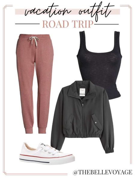 What to wear on a road trip: the perfect road trip outfit!  Pink Vuori joggers, Vuori tank, cropped black jacket and slip-on converse sneakers.  #traveloutfit 

#LTKSeasonal #LTKtravel #LTKstyletip