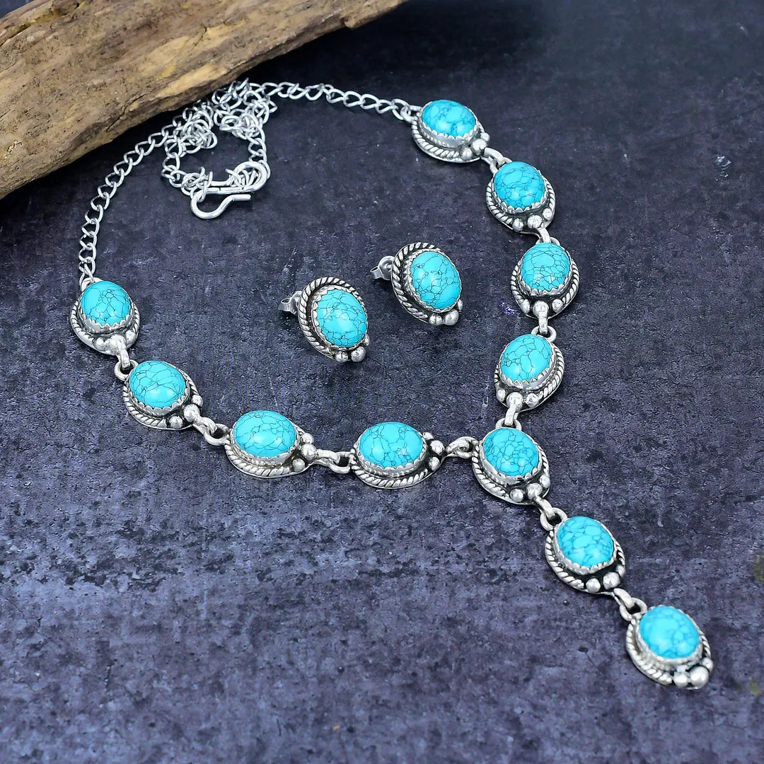 Tibetan Turquoise Necklace & Stud Earring Set : Silver Plated Boho Jewelry - Etsy | Etsy (US)