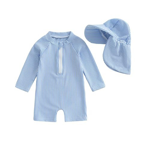 Gueuusu Baby Boys Girls Swimsuit One Piece Striped Zipper Bathing Suit Rash Guard Long Sleeve Seersucker Swimwear Sunsuit (Blue, 12-18 Months) | Amazon (US)