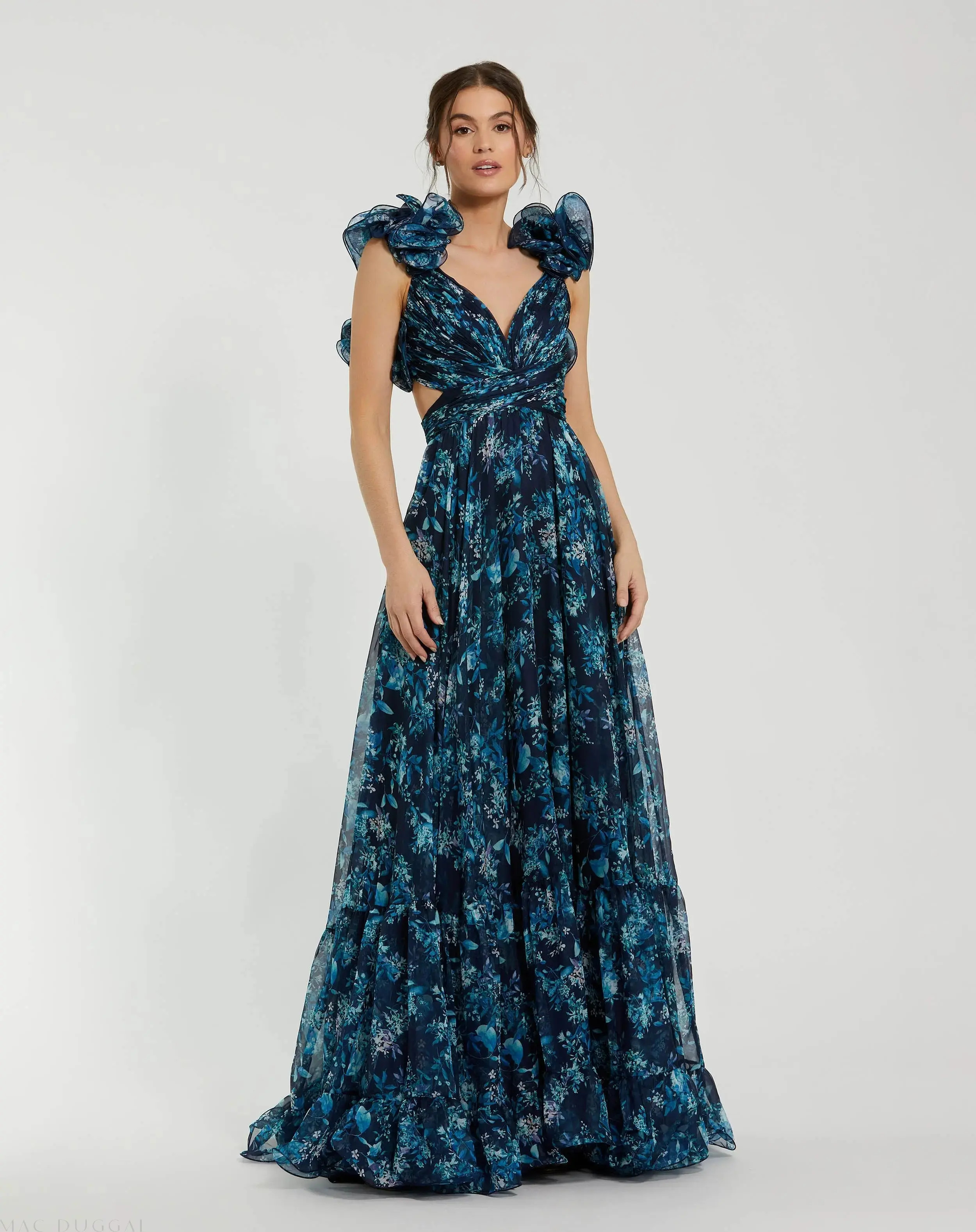 Navy Tiered Floral Cut-Out Chiffon Gown | Mac Duggal | Mac Duggal