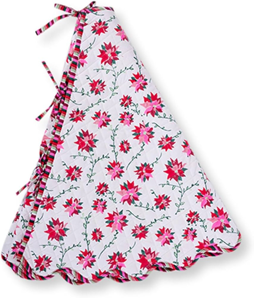 Furbish Poinsettia Christmas Tree Skirt - Scalloped Tree Skirt with Colorful Blockprint Design, F... | Amazon (US)