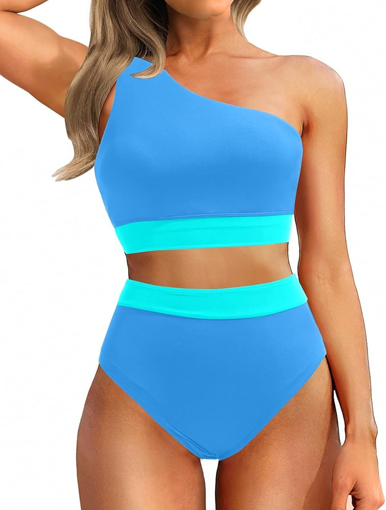 Holipick Women One Shoulder High Waisted Bikini Sets Two Piece Swimsuit Tummy Control Bathing Sui... | Amazon (US)