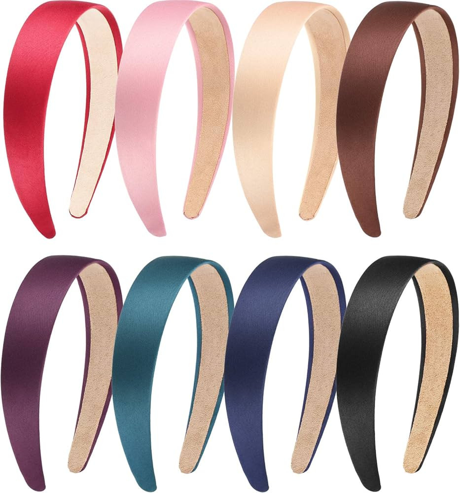 Blulu 1 Inch 8 Pc Headbands Color Ladies and Girls Hard Hair Bands Satin Anti Slip Ribbon Hair Ba... | Amazon (US)
