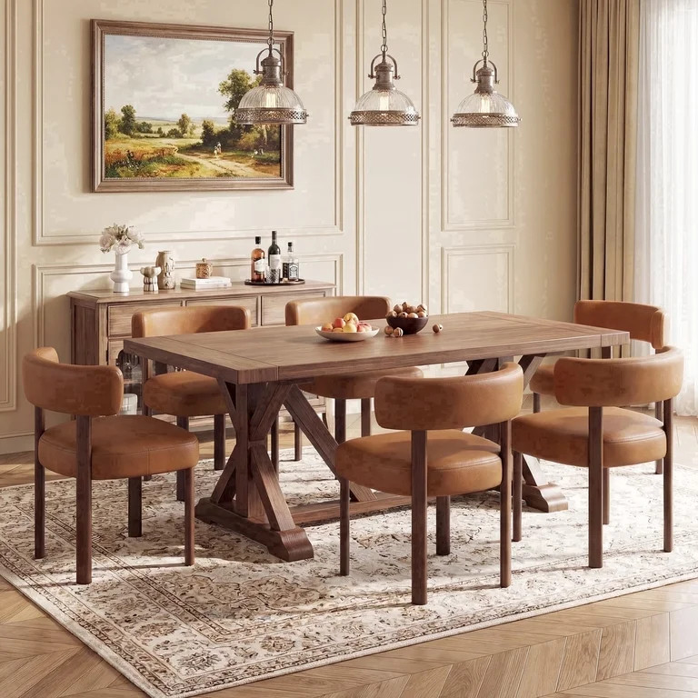 AFO Upholstered Dining Chair Set of 6, Faux Leather Seat with Solid Wood Legs Ergonomic Curved Ba... | Walmart (US)