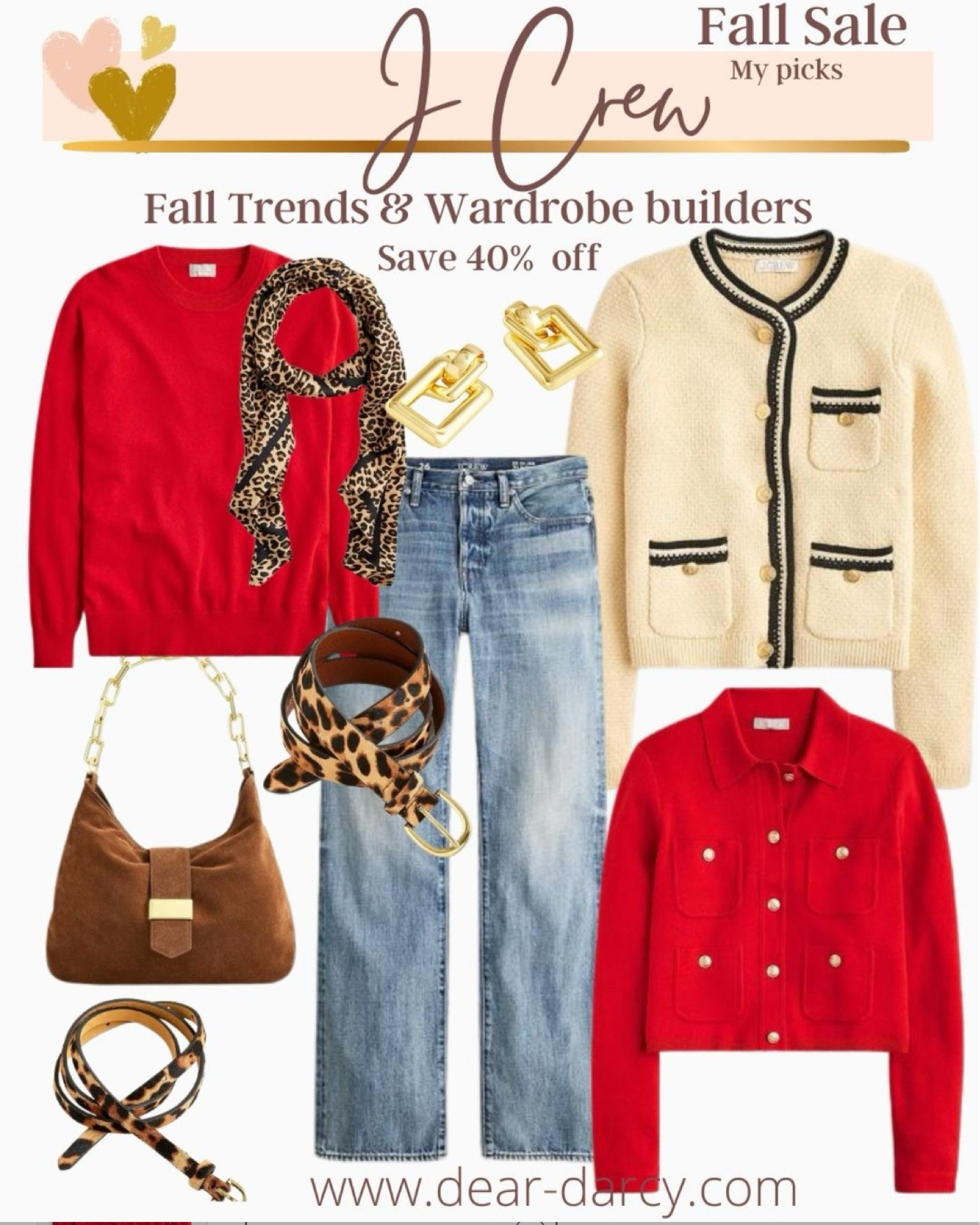 J crew 20% off
In app ssle


Fall trend to help build your wardrobe 

Ladies jackets 
Red sweater
Leopard belts two widths 
Gold 80’s/90’s style earrings 

A great suede bad with chain handle 

Great slouchy jeans you can cuff 

#LTKFallSale 

#LTKStyleTip #LTKSaleAlert
