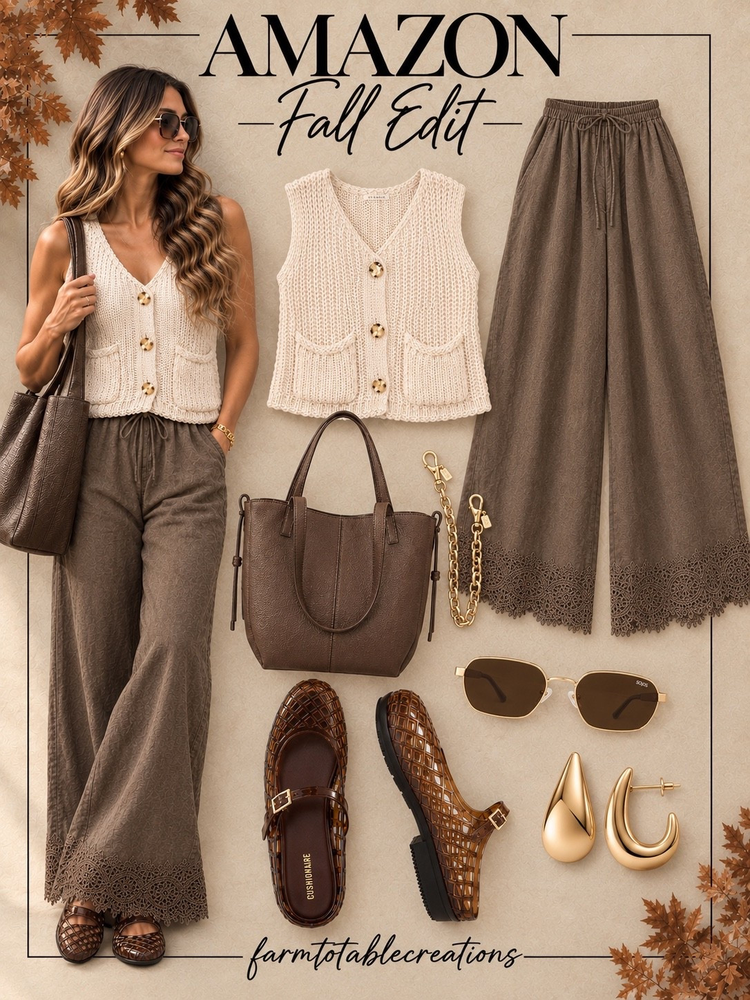 Amazon Fall Edit 🤎🍂

This Amazon fall look is all about rich chocolate brown, soft ivory, and those pretty little details that make an outfit feel pulled together. I love the textured knit vest paired with flowy lace-trim pants, woven flats, a chocolate brown tote, gold jewelry, and classic sunglasses. Such an easy look for lunch, shopping, travel, or a casual fall day.

#AmazonFashion #AmazonFallFashion #FallOutfit #FallFashion #NeutralOutfit #BrownOutfit #KnitVest #WideLegPants #FallShoes #AmazonFinds #LTKStyle #LTKootd #LTKSeasonal

#LTKootd #LTKWorkwear #LTKgrwm