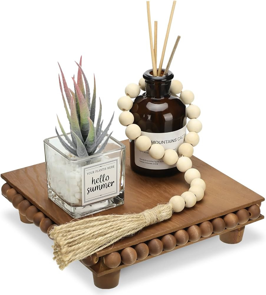 Wood Beaded Trivet and Wood Bead Garland Set Square Brown Wooden Riser Retro Farmhouse Riser Whit... | Amazon (US)
