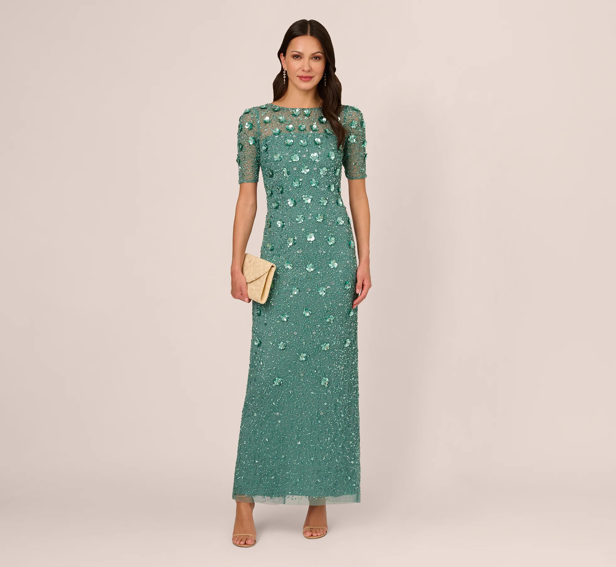 Long Hand Beaded 3D Floral Dress With Elbow Sleeves In Green Slate | Adrianna Papell