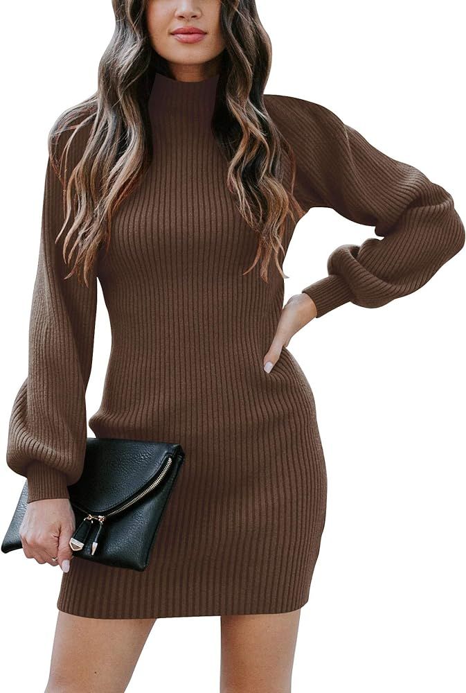 Caracilia Women Turtleneck Long Sleeve Knit Pullover Sweater Bodycon Mini Dress | Amazon (US)