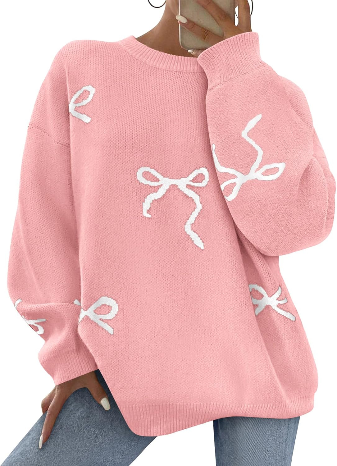 PRETTYGARDEN Women Long Sleeve Cute Bow Oversized Sweater | Amazon (US)
