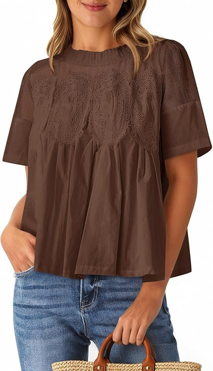 Cicy Bell Womens Babydoll Lace Blouses Short Sleeve Peplum Loose Tops | Crew Neck，Ruffle Sleeve... | Amazon (US)