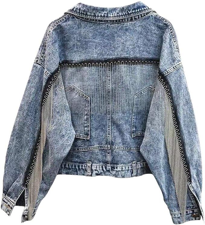 Tassel Denim jacket for Women Oversized Crop Jeans Jacket | Amazon (US)