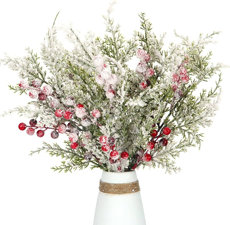 Pack of 4 Artificial Frosted Pine Branches with Red Berries 17" Snowy Christmas Tree Picks Winter... | Amazon (US)