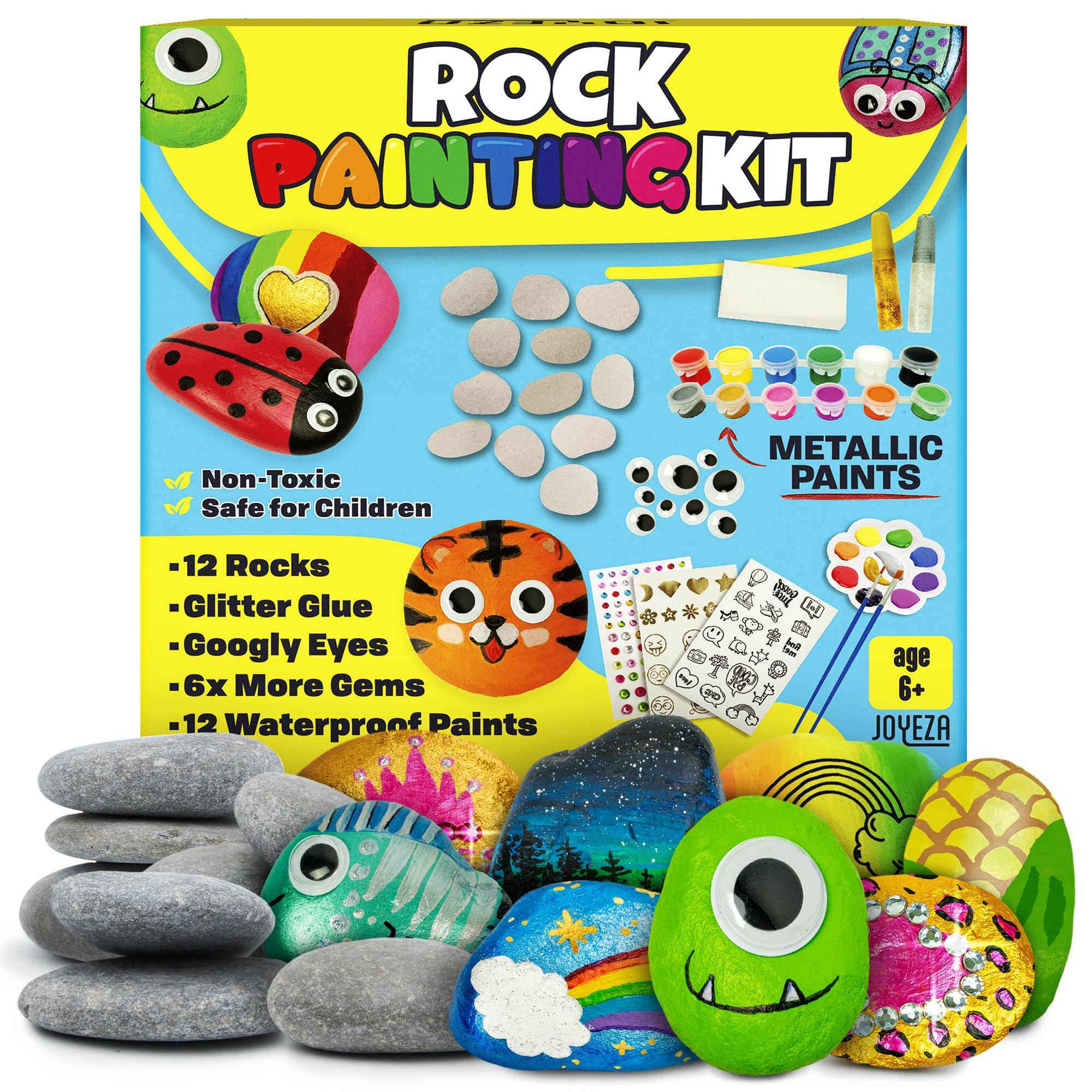 JOYEZA Rock Painting Kit Deluxe, Arts and Crafts for Girls Boys Age 6+, 12 Rocks Tween Gift Art S... | Amazon (US)
