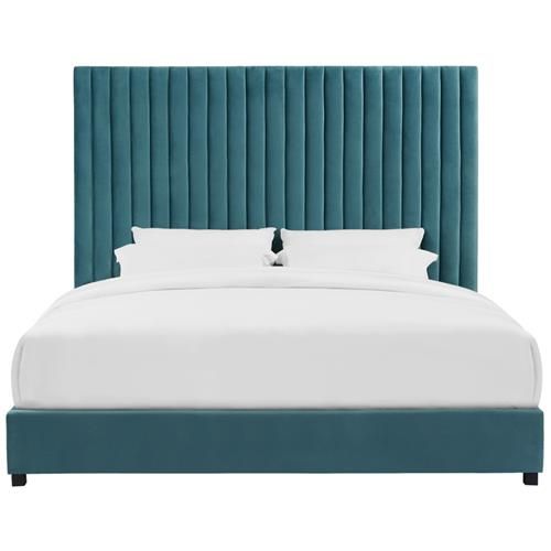 Avery Modern Classic Blue Green Velvet Upholstered Channel Tufted Platform Bed - Queen | Kathy Kuo Home