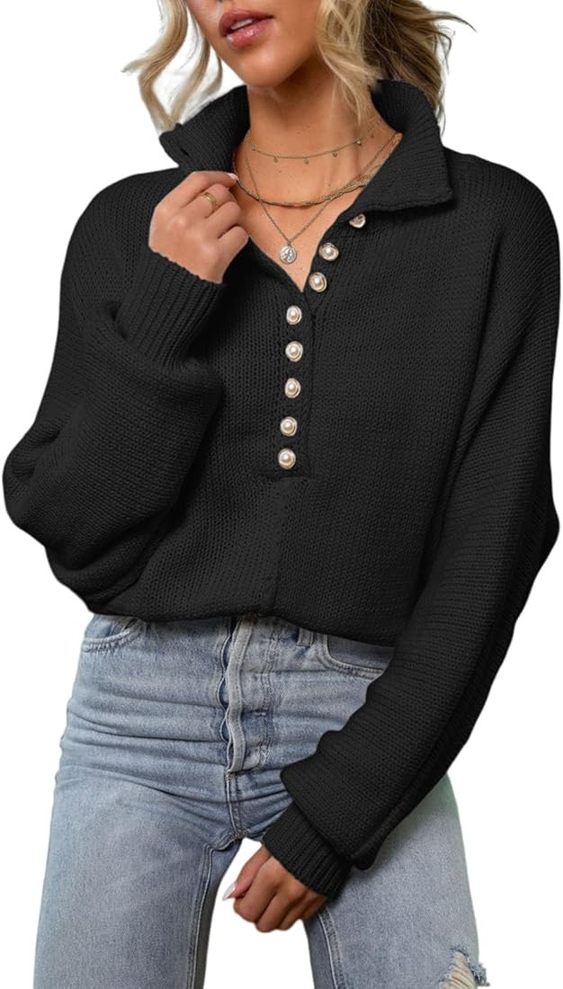 EVALESS Womens Oversized Knit Chunky Fall Sweater Tops 2024 V Neck Long Sleeve Lapel Collar Butto... | Amazon (US)