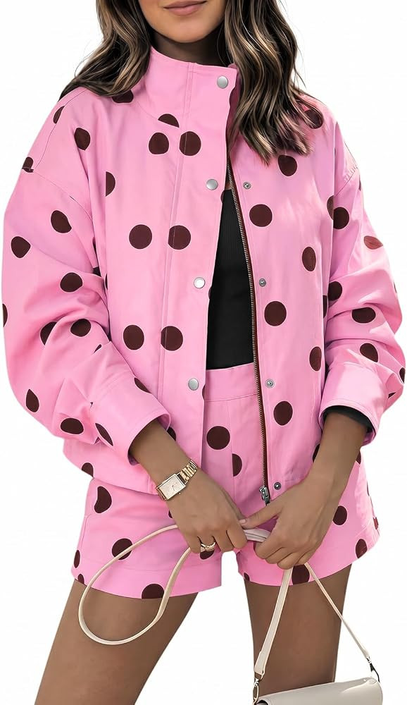 Tankaneo Womens 2 Piece Outfits Polka Dot Shorts Set Zip Up Cropped Jacket | Amazon (US)
