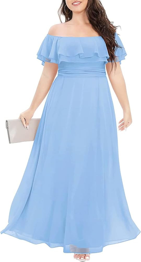 Pinup Fashion Women's Plus Size Off Shoulder Chiffon Ruffle Formal Party Beach Maxi Dress | Amazon (US)