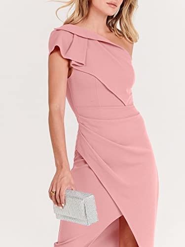 ANRABESS Women's One Shoulder Cocktail Midi Dress Sleeveless Ruffle Wrap Ruched Bodycon Formal We... | Amazon (US)