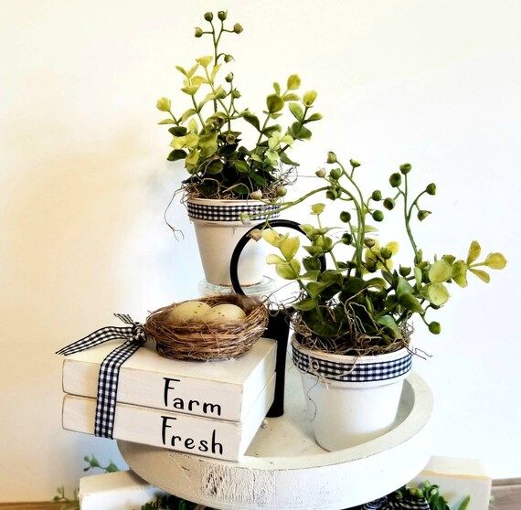 Spring Decor.. Garden greenery.. Painted Clay pots with greenery.  Farmhouse tiered tray decor.. ... | Etsy (US)