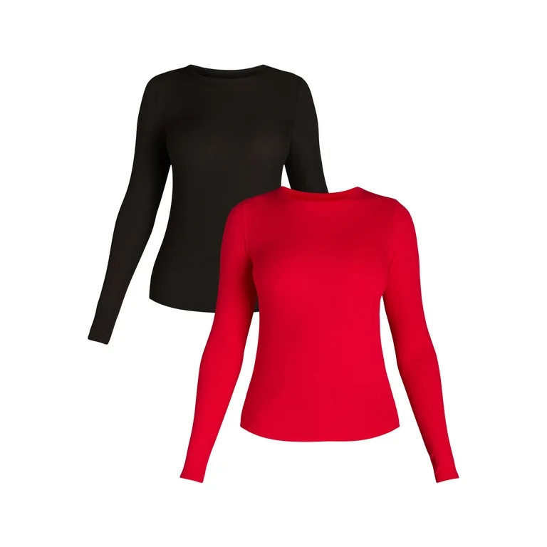No Boundaries Ribbed Crewneck Tee with Long Sleeves, 1 or 2-Pack, Women's - Walmart.com | Walmart (US)