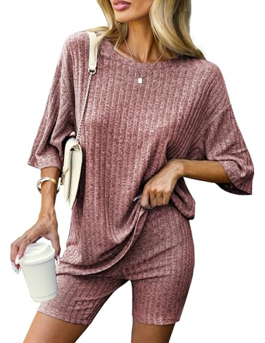 Ekouaer Pajamas 2 Piece Lounge Sets Ribbed Knit Matching Outfits T-shirt Biker Shorts Sleepwear L... | Amazon (US)