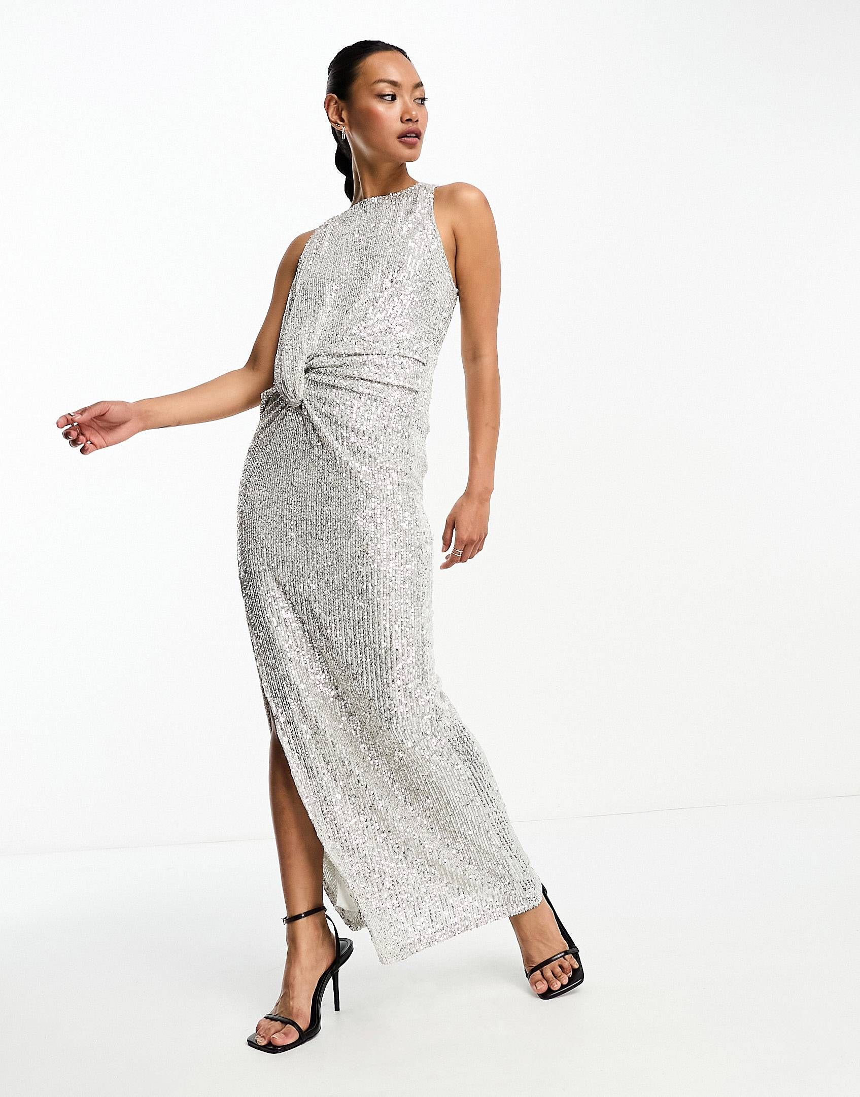 ASOS DESIGN twist pleat maxi dress in sequin silver | ASOS (Global)