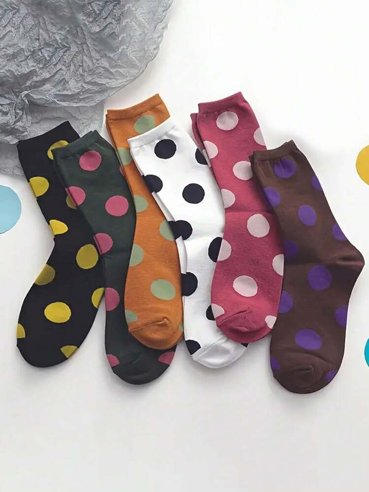 6 Pairs Women Polka Dot Pattern Mid-Calf Socks, Cute Girlish Style, Comfortable Soft Cartoon All-... | SHEIN