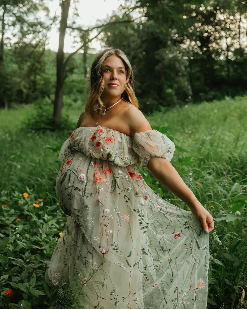 Wildflower Apricot Maternity Dress: Embroidered Boho Gown, Floral photoshoot dress | Etsy (US)