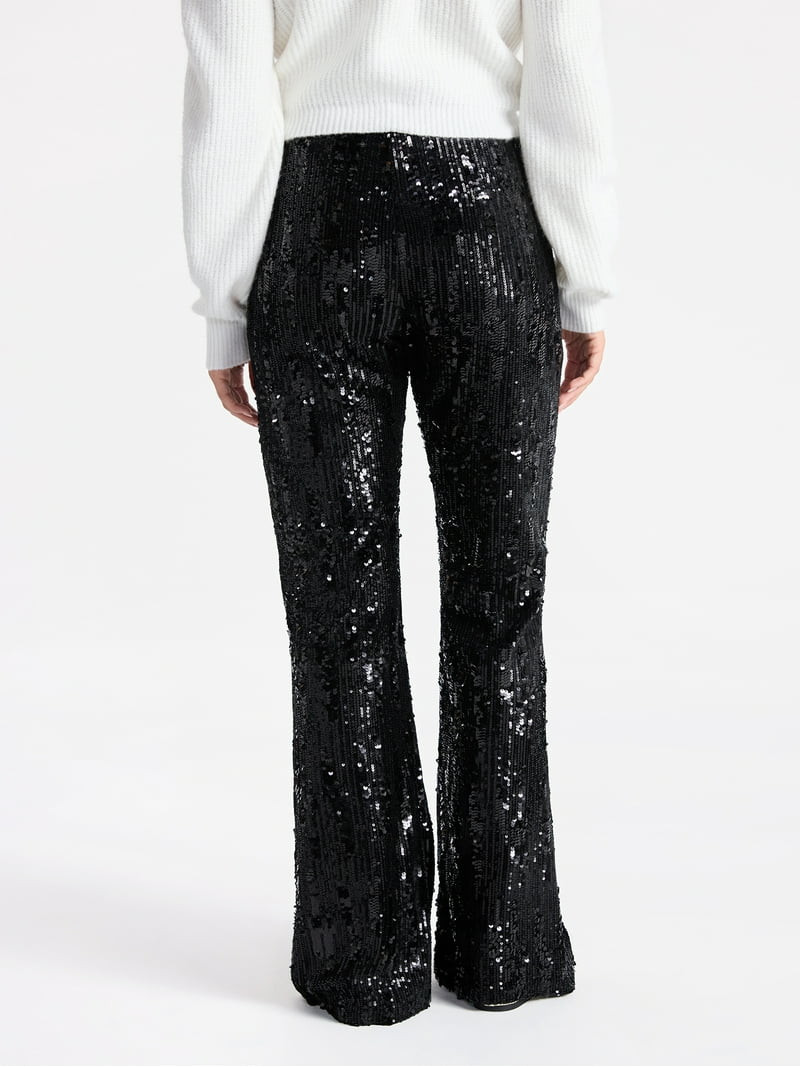 No Boundaries Sequin Flare Pants, Women's and Women's Plus - Walmart.com | Walmart (US)