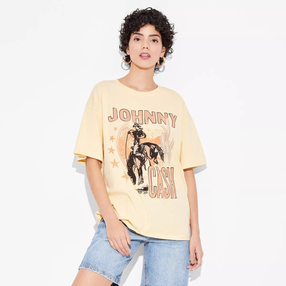 Women's Johnny Cash Oversized Short Sleeve Graphic T-Shirt - Yellow | Target