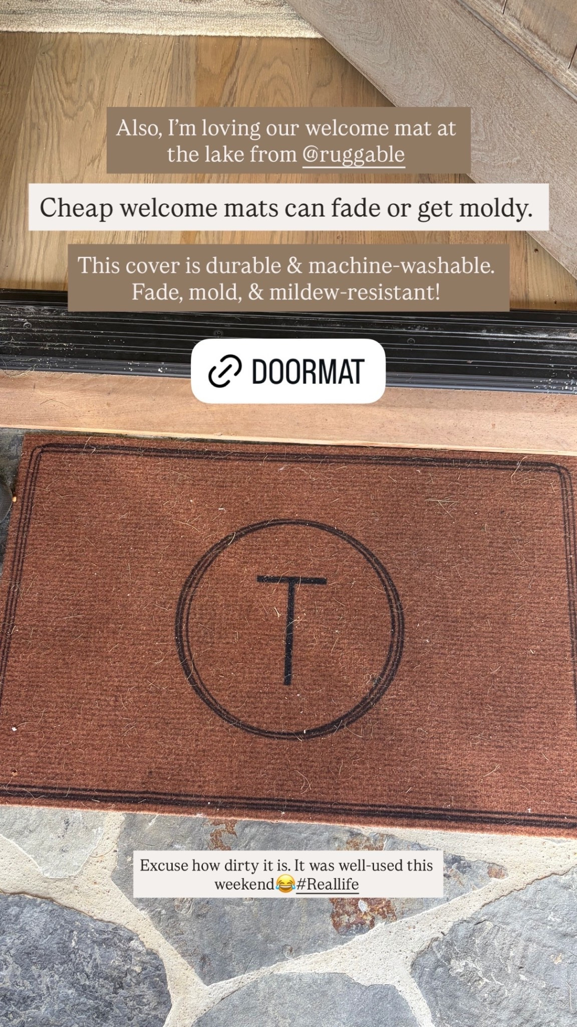 Also, I’m loving our welcome mat at the lake from @ruggable  Cheap welcome mats can fade or get moldy.  This cover is durable & machine-washable. Fade, mold, & mildew-resistant! Excuse how dirty it is. It was well-used this weekend😂#Reallife

#LTKHome #LTKOver40 #LTKSeasonal