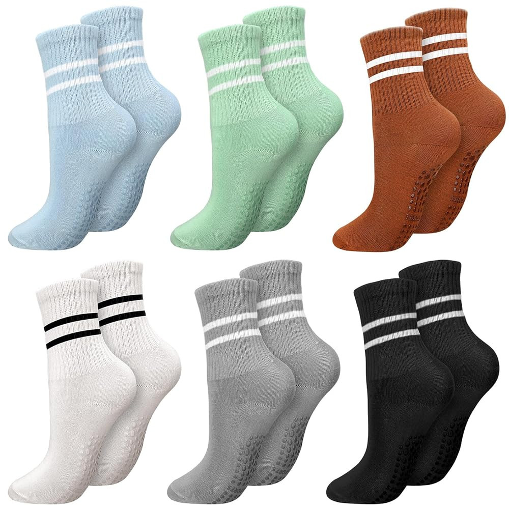 6 Pairs Women Long Pilates Grip Socks with Non Slip Crew Grippy Socks for Sports Yoga Barre Balle... | Amazon (US)
