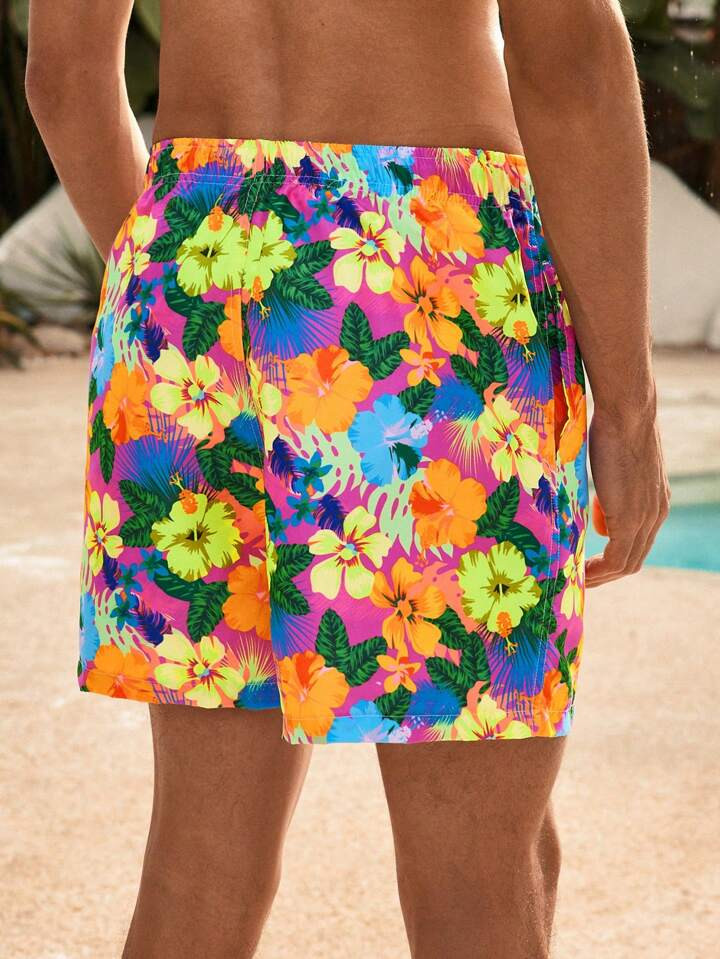 Manfinity VDAYZ Men's Beach Shorts Couples Matching Swimwear Drawstring Waist Front Tie Pocket Floral Print Beach Vacation Hawaiian | SHEIN