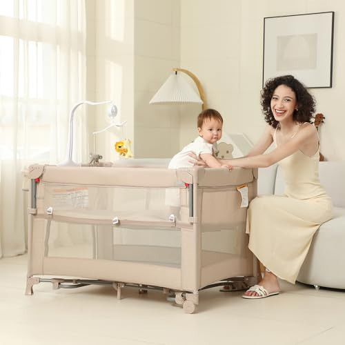 5 in 1 Pack and Play, Baby Bassinet Bedside Sleeper, Baby Playard, Bedside Crib with Changing Table, Foldable Travel Playard for Newborn to Toddles (Beige) | Amazon (US)