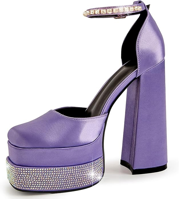 TINSTREE Women's Platform High Heels Pumps Chunky Block Square Closed Toe Ankle Strap Buckle Sati... | Amazon (US)