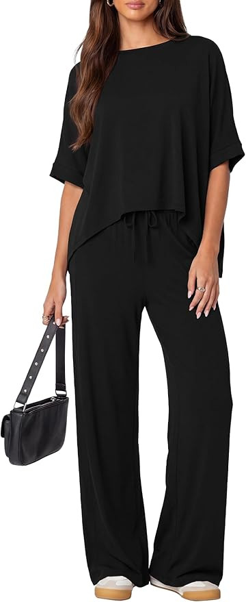 Darong Women's 2 Piece Outfits Matching Lounge Sets Short Sleeve Pullover Tops High Waisted Wide ... | Amazon (US)
