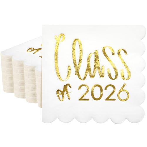 Affrolling 100 Pcs Class of 2026 Graduation Cocktail Napkins 5 x 5 Inch Congrats Grad Scalloped Paper Napkins for Dinner Beverage Graduate Decorations(Gold) | Amazon (US)