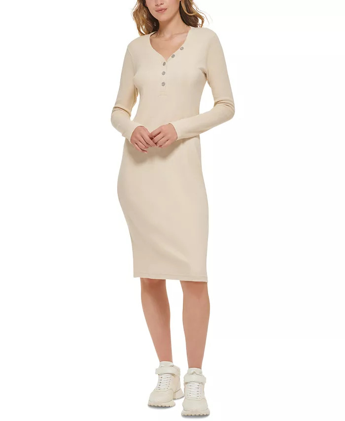 Women's Henley-Neckline Long-Sleeve Ribbed Dress | Macys (US)