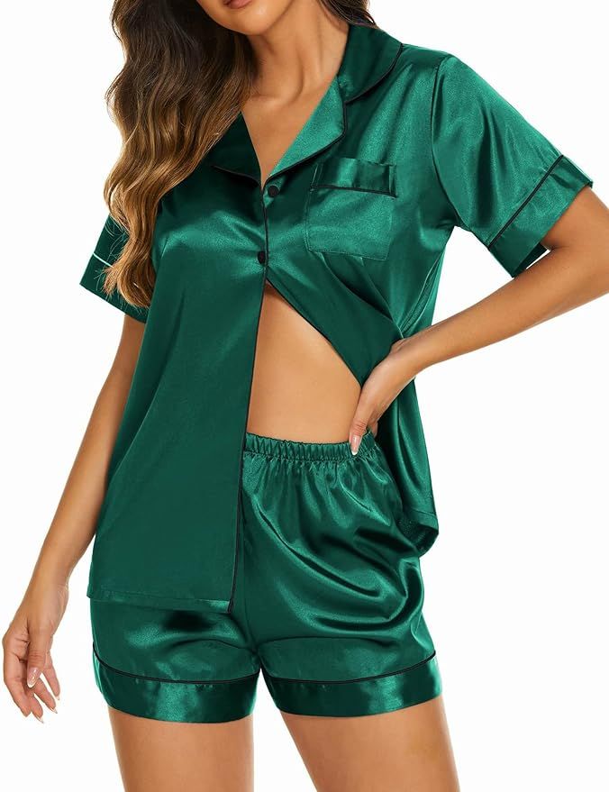 Ekouaer Silk Pajamas Womens Short Sleeve Sleepwear Soft Satin Button Down Loungewear 2 Piece Pjs ... | Amazon (US)