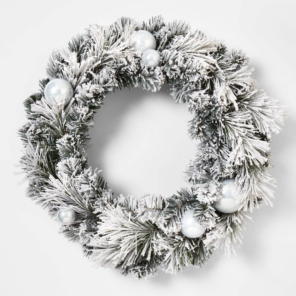 24in Unlit Flocked Wreath with White Opalescent Shatterproof Ornaments - Wondershop | Target