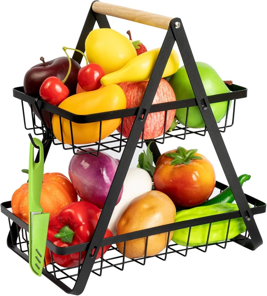 2 Tier Fruit Basket with 2 Banana Hangers, Detachable Metal Fruit Holder Vegetable Basket with Wo... | Amazon (US)