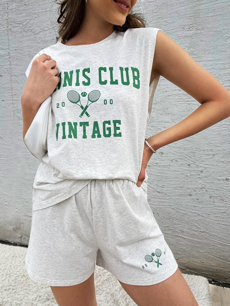 SHEIN Letter & Tennis Print Top & Track Shorts Set | SHEIN