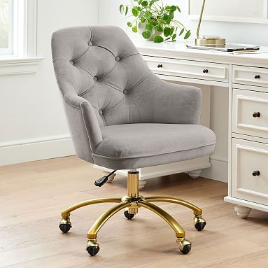 Lustre Velvet Light Gray Tufted Swivel Desk Chair | Pottery Barn Teen