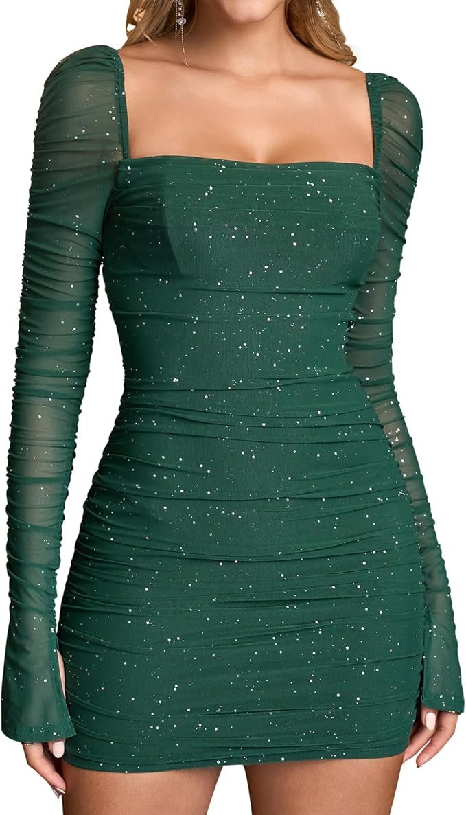 Women Sequin Long Sleeve Mini Dress Bodycon Party Formal Going Out Sparkly Sexy Dresses | Amazon (US)