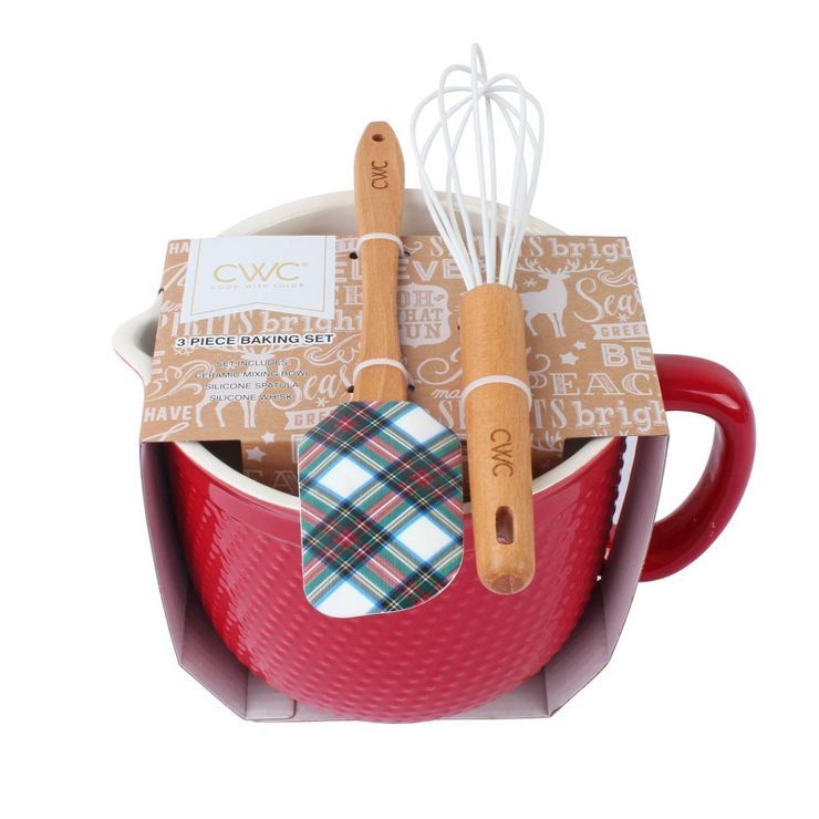 3pc Ceramic Plaid Mixing Bowl Utensil Set Red - Cook With Color | Target