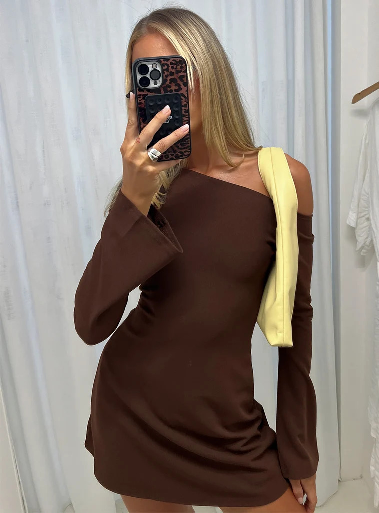 Adrietta Long Sleeve Off Shoulder Mini Dress Brown | Princess Polly US