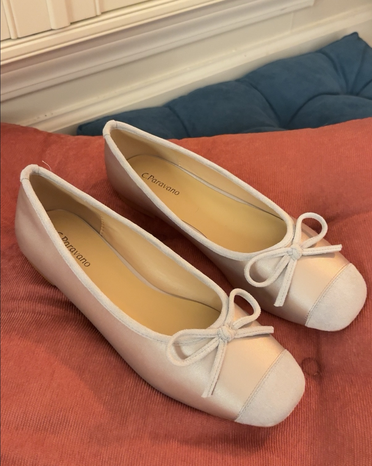 light blue ballet flats | aesthetic shiny baby blue flats with a bow 