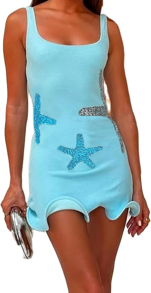 Faretumiya Women Starfish Sequin Mini Dress Y2K Sleeveless Bodydon Tank Dresses Sparkly Cut Out S... | Amazon (US)